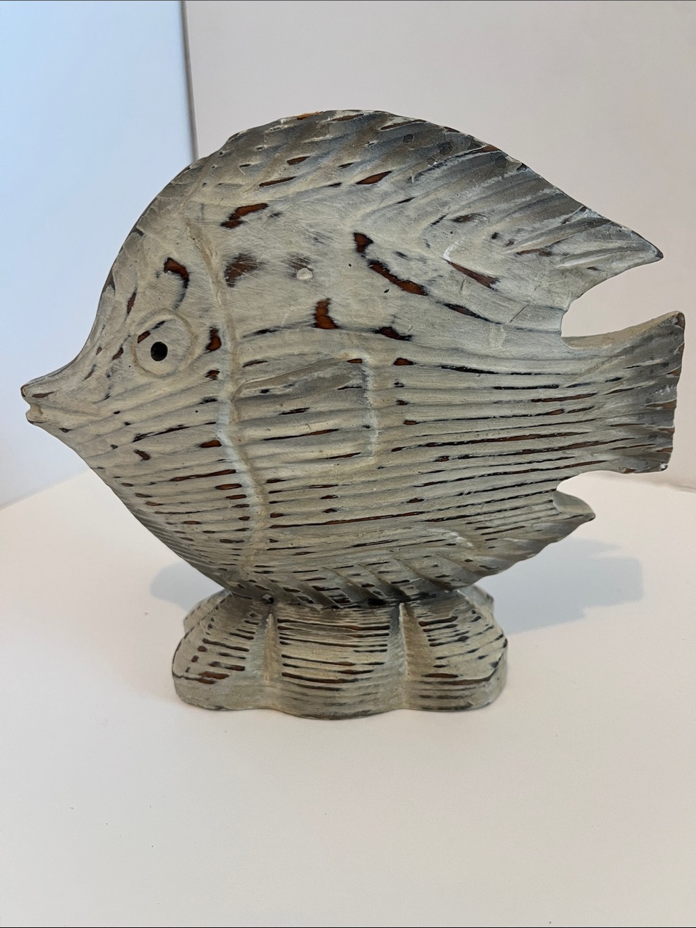 Decorative Wooden Fish Figurine - Whitewashed Gray